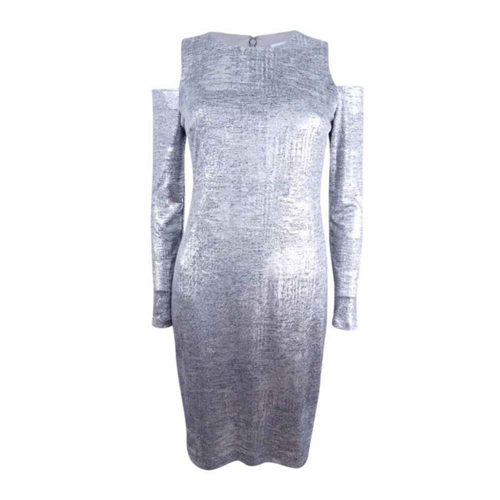 Calvin Klein Silver Metallic Cold-Shoulder Sheath Dress